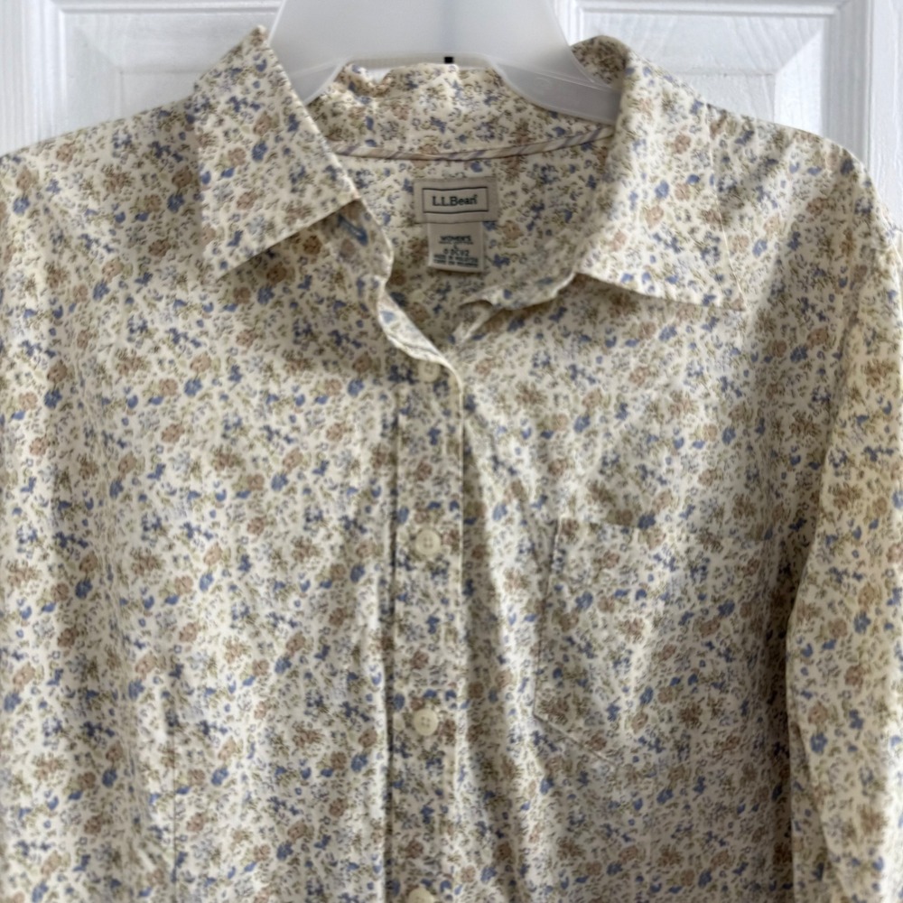 LL Bean Floral Button Down Shirt Large Cream Blue Cottagecore Ditsy Cotton Top